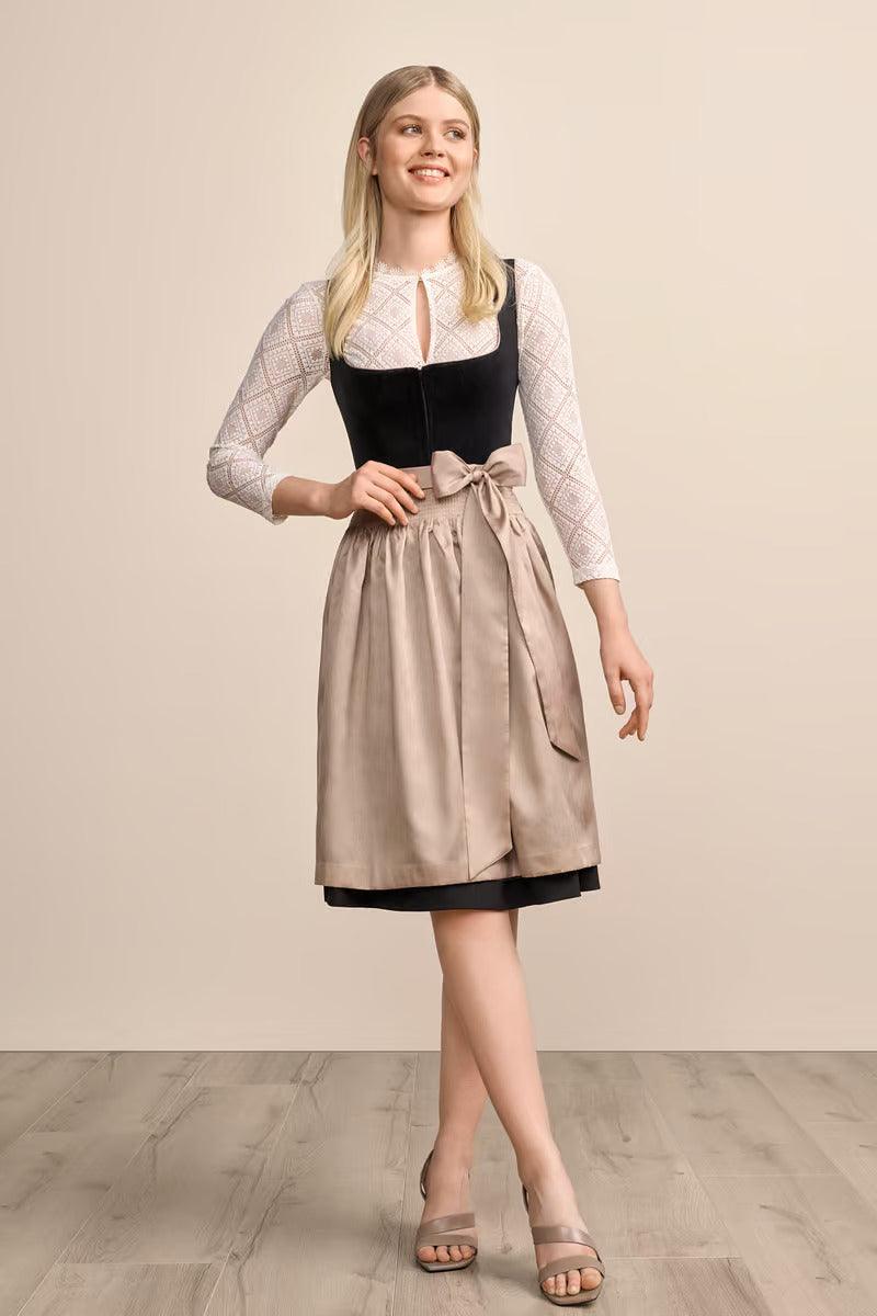 Kruger Midi Dirndl Suzanne in black with velvet bodice, knee-length skirt, and apron.